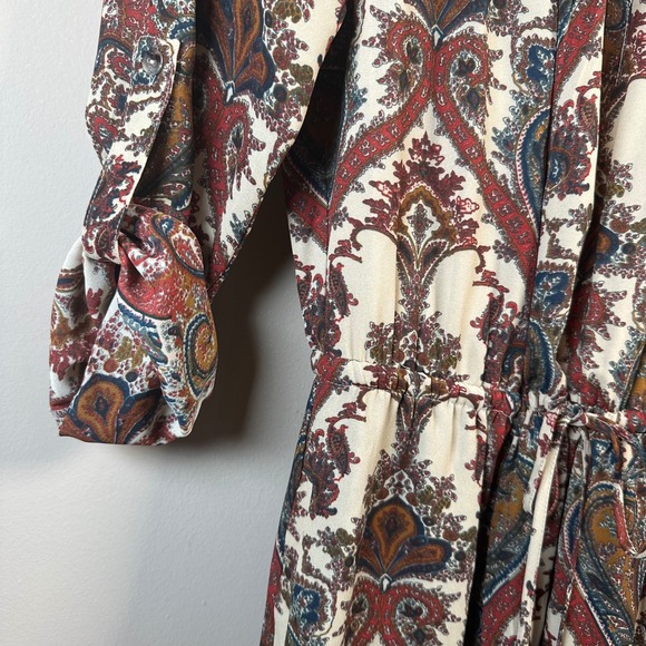 DR2 Paisley Dress Medium Bohemian Lace Accent Roll Tab Sleeve Tie Waist - Picture 4 of 8